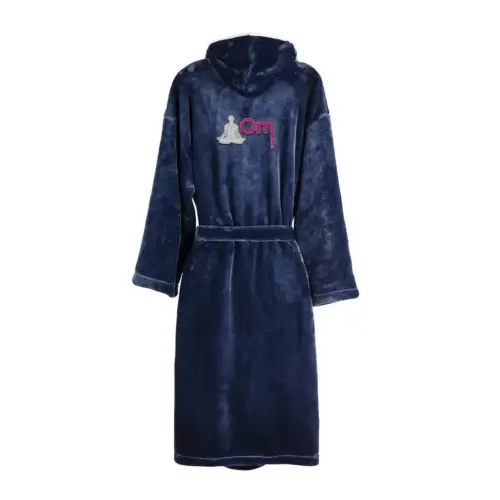 Dark blue wellness bathrobe with discreet transfer-printed initials for guests
