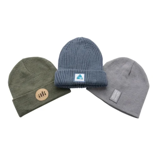 Collection of corporate winter beanies with various branding technologies