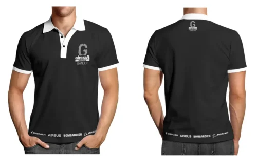 Black polo shirt with custom full-colour design on the back