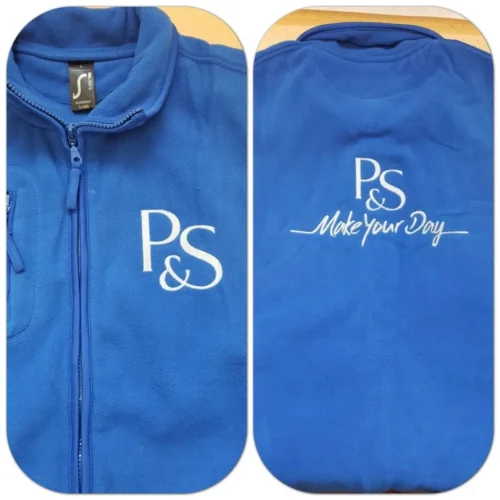 Blue corporate fleece bodywarmer with durable screen print for employees