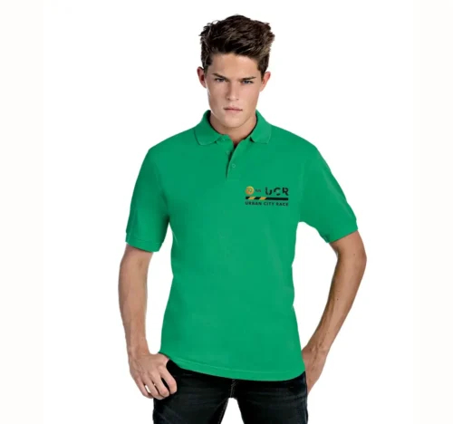 Green corporate polo shirt with contrast print for team-building events