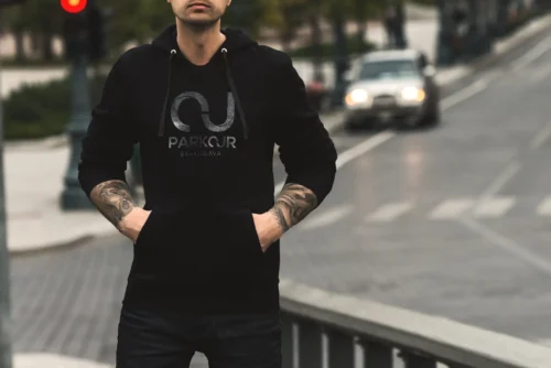 Grey corporate hoodie with durable screen-printed logo for employees