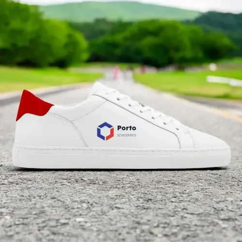 Minimalist white Porto sneakers with embroidered logo on the side