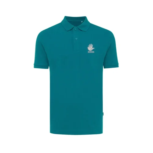 Classic white polo shirt with screen-printed logo on the chest