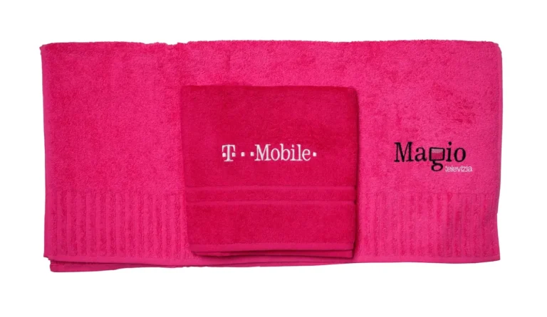 Promotional terry towel with all-over print in T-Mobile corporate colour