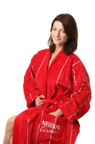 Red velour Nescafe bathrobe with quality screen print on the back