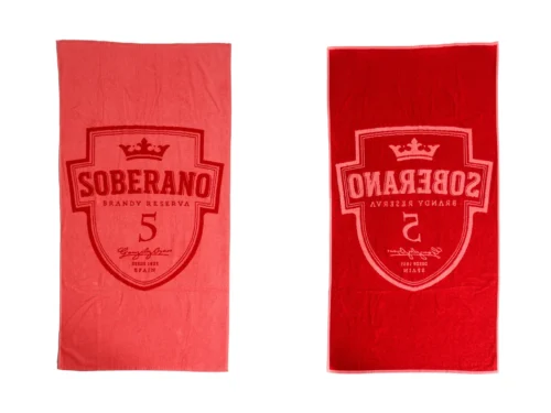 Red Soberano promotional terry towel with contrasting yellow print