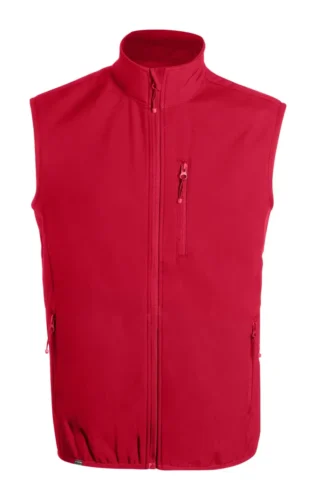 Red softshell bodywarmer with reflective elements and digital print