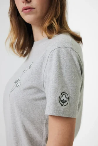 Women's white T-shirt with digital print of a custom logo