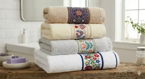 White terry towel with woven logo directly in the border