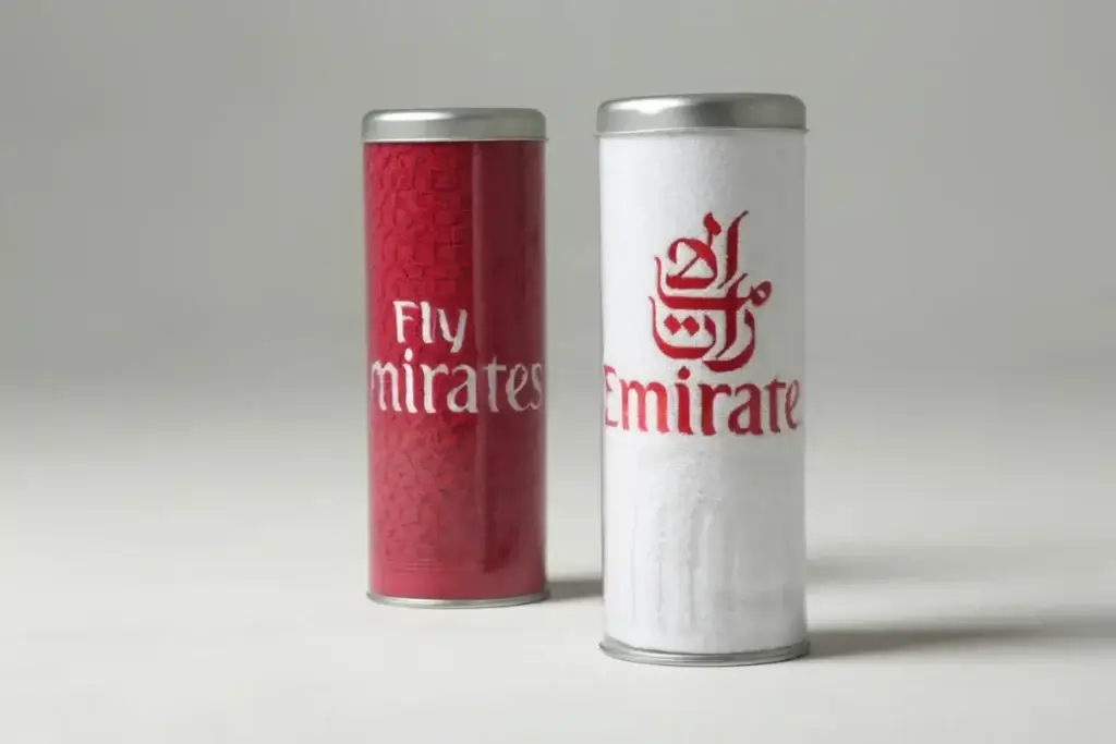 Luxury terry towels with detailed premium embroidery of the Fly Emirates logo