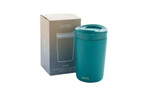 Travel mugs with custom engraved logo - corporate merch