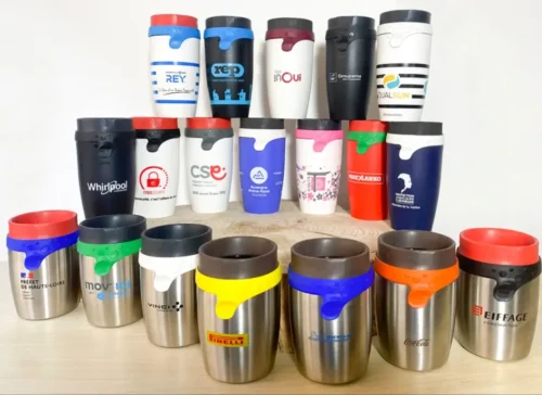 Travel mugs with custom pad print for a company