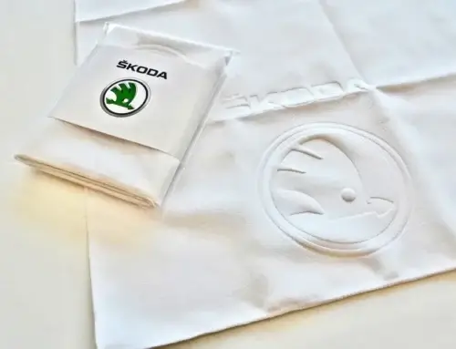 Embossed Skoda logo on a white towel