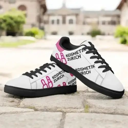 Women's pink sneakers with transfer-printed cosmetics brand logo