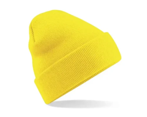 Bold yellow promo beanie with branding applied by screen printing