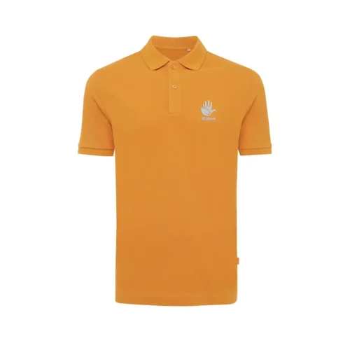 Bold yellow polo shirt with detailed embroidered logo for hospitality and events